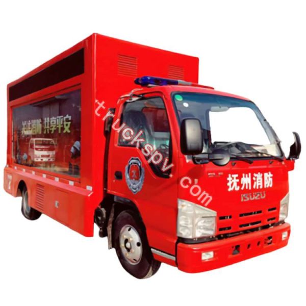 ISUZU LED fire advertising truck colored red with three side screen shows on www.truckspv.com