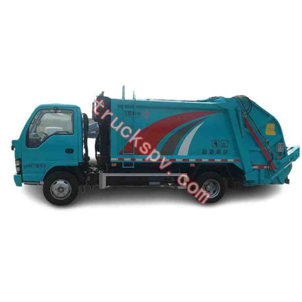 ISUZU compression trash truck painted blue color shows on truckspv.com