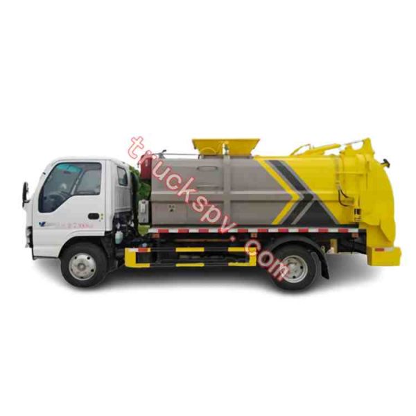ISUZU side feed garbage compacted truck which one painted yellow color XCMG shows on truckspv.com