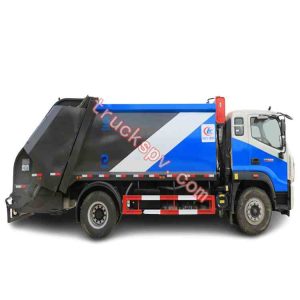 quality sanitation compacted trash truck painted whie and blue shows on truckspv.com